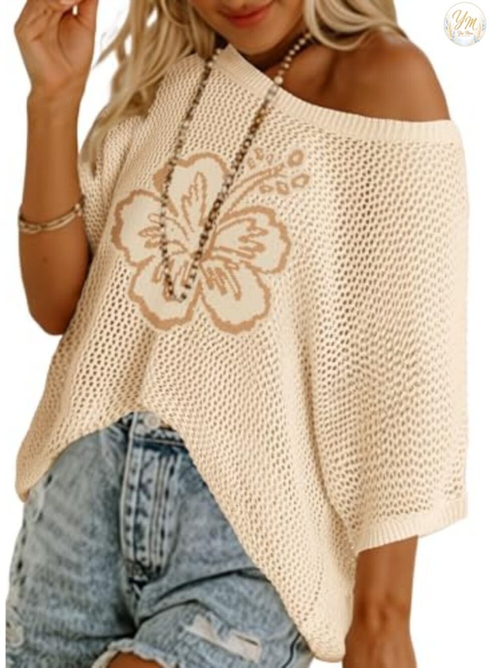 Dokotoo Womens Floral Crochet Short Sleeve Sweater Pullover Lightweight Knit Top